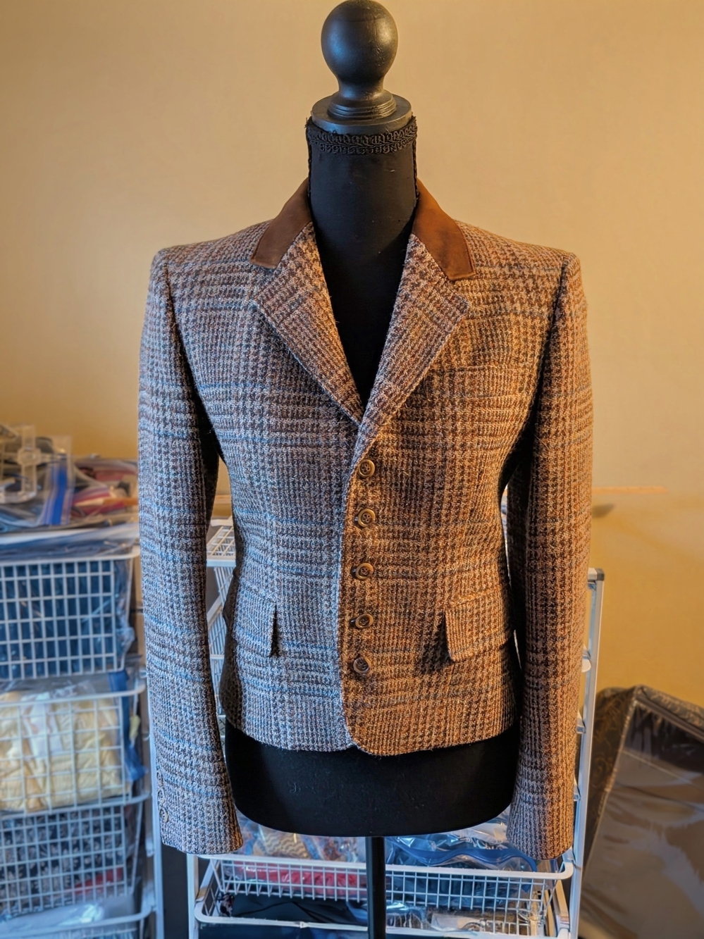 Women's Brown Plaid Riding Wool Blazer with Suede Collar